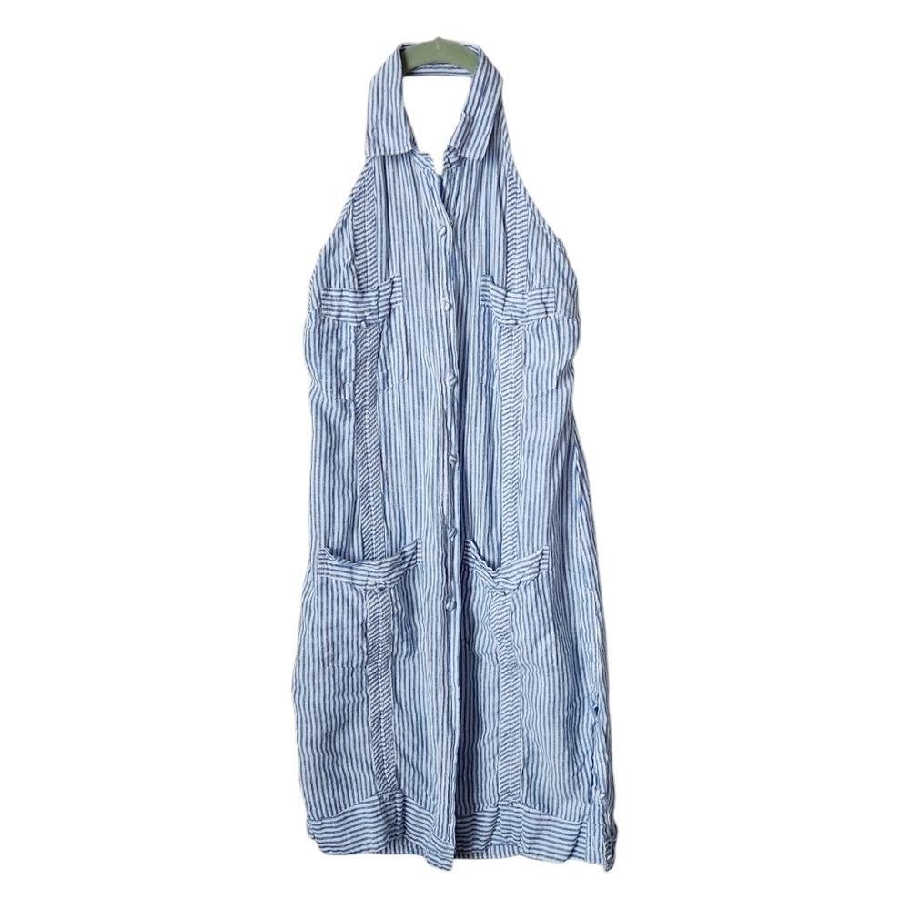 CUBAVERA linen dress backless halter seersucker white blue micro stripe size L